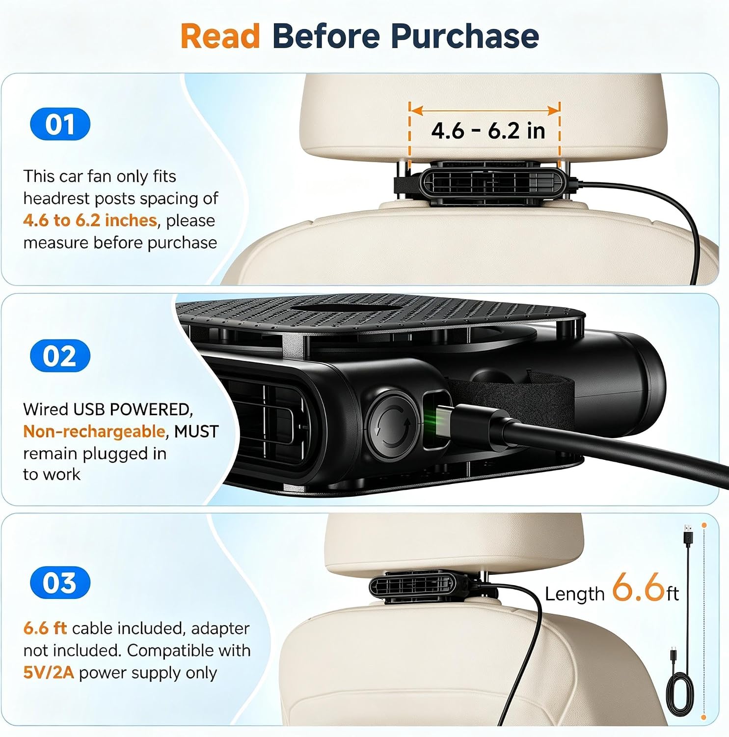 Read before purchase: headrest spacing 4.6–6.2 in, USB-powered (non-rechargeable), 6.6 ft cable with 5V/2A supply