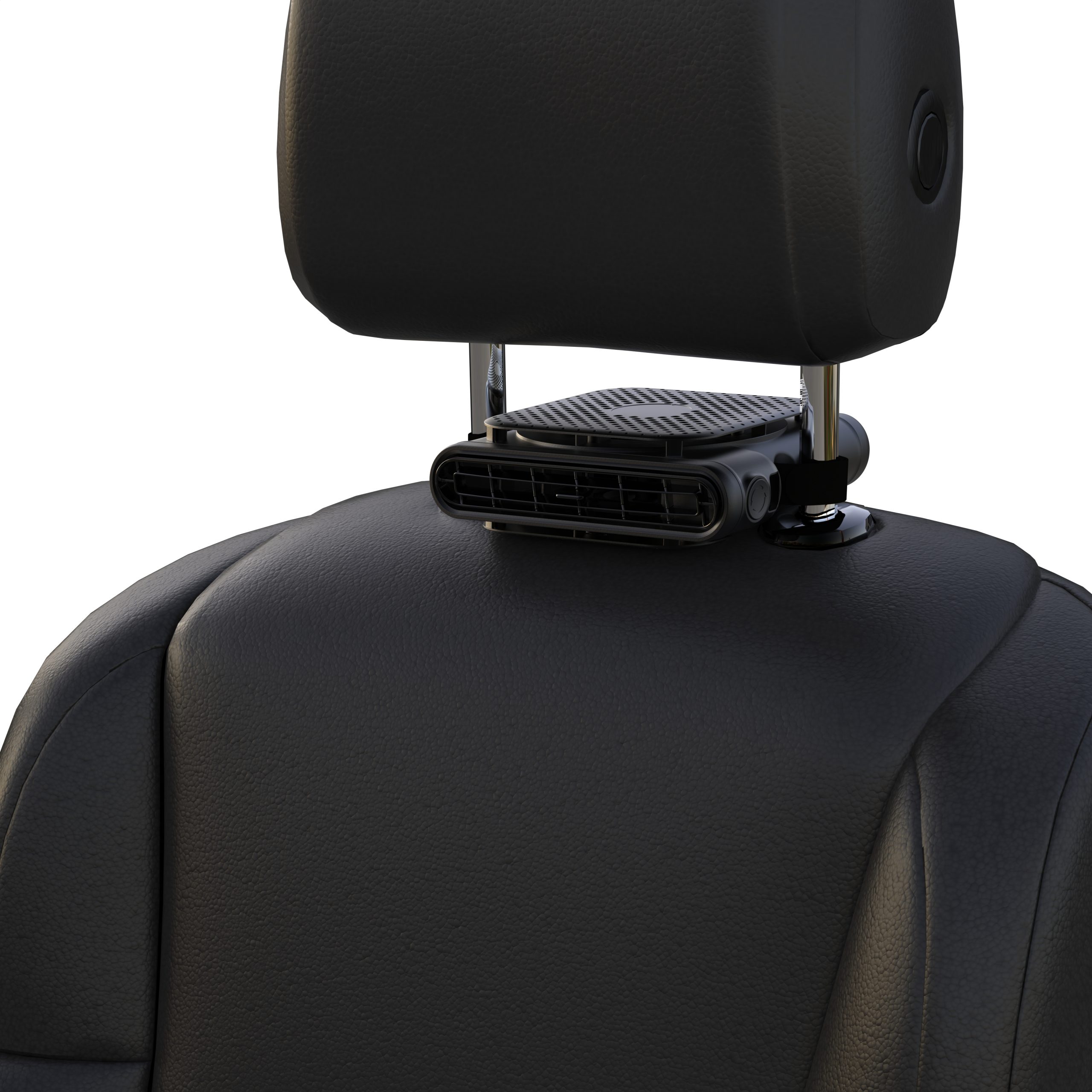 Car Seat Fan with Dual Air Outlets — ElfTrip The Car Seat Fan clamped on a rear headrest, airflow directed at the back seat