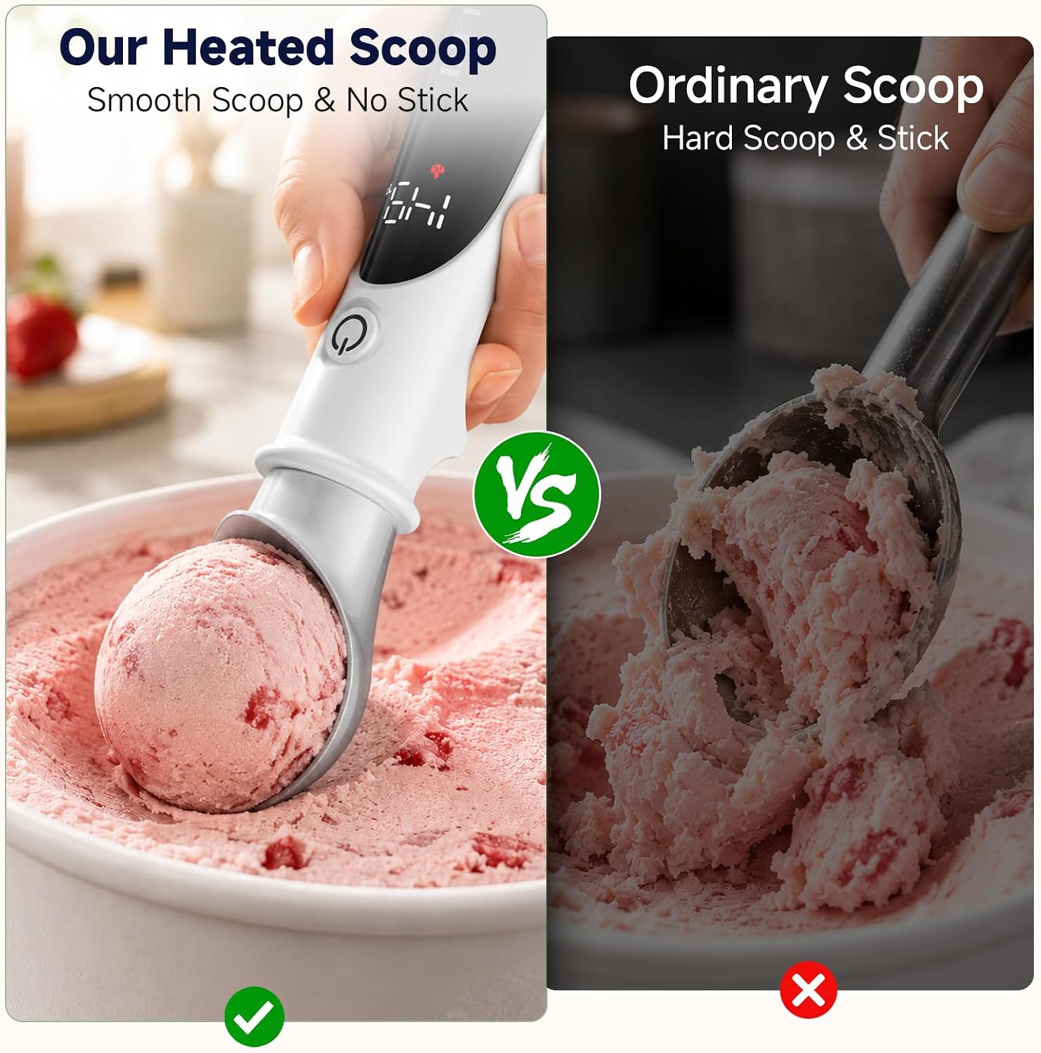 Side-by-side: the ElfTrip heated scoop lifting a smooth sphere versus an ordinary scoop struggling