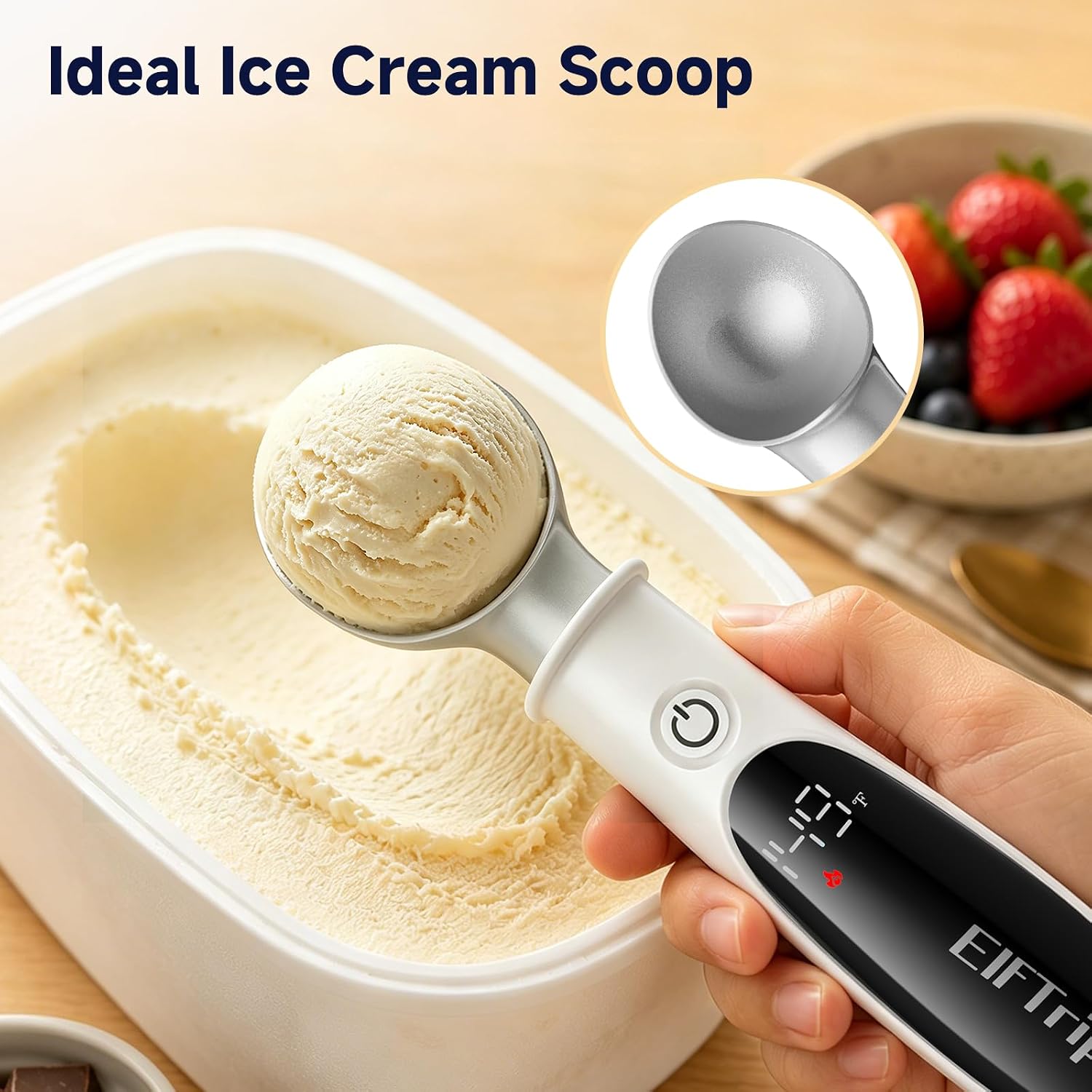 Close-up of the heated scoop lifting ice cream, LED display glowing