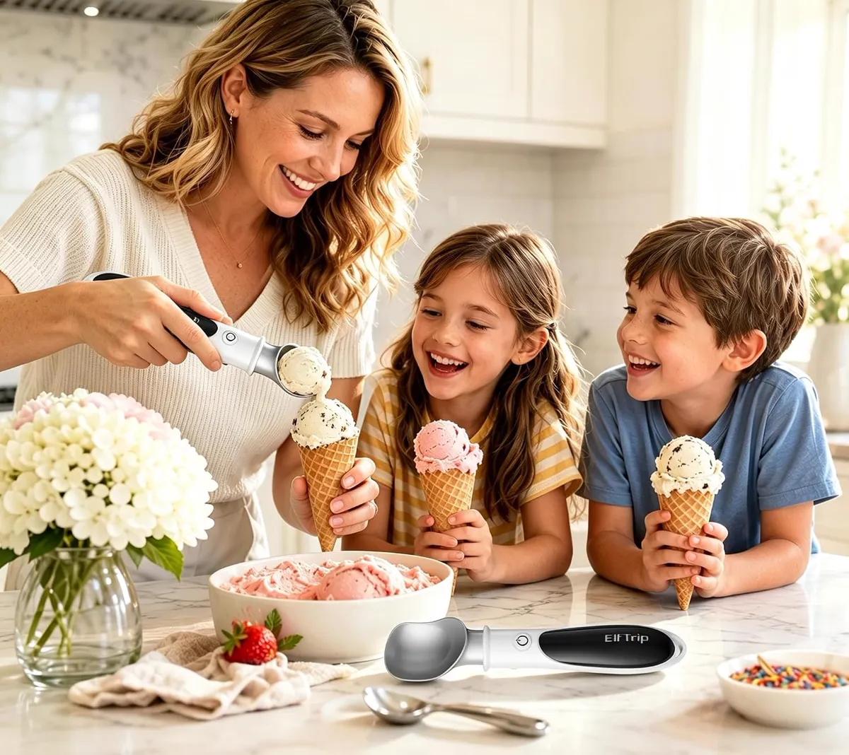 ElfTrip Heated Ice Cream Scoop in a bright family kitchen