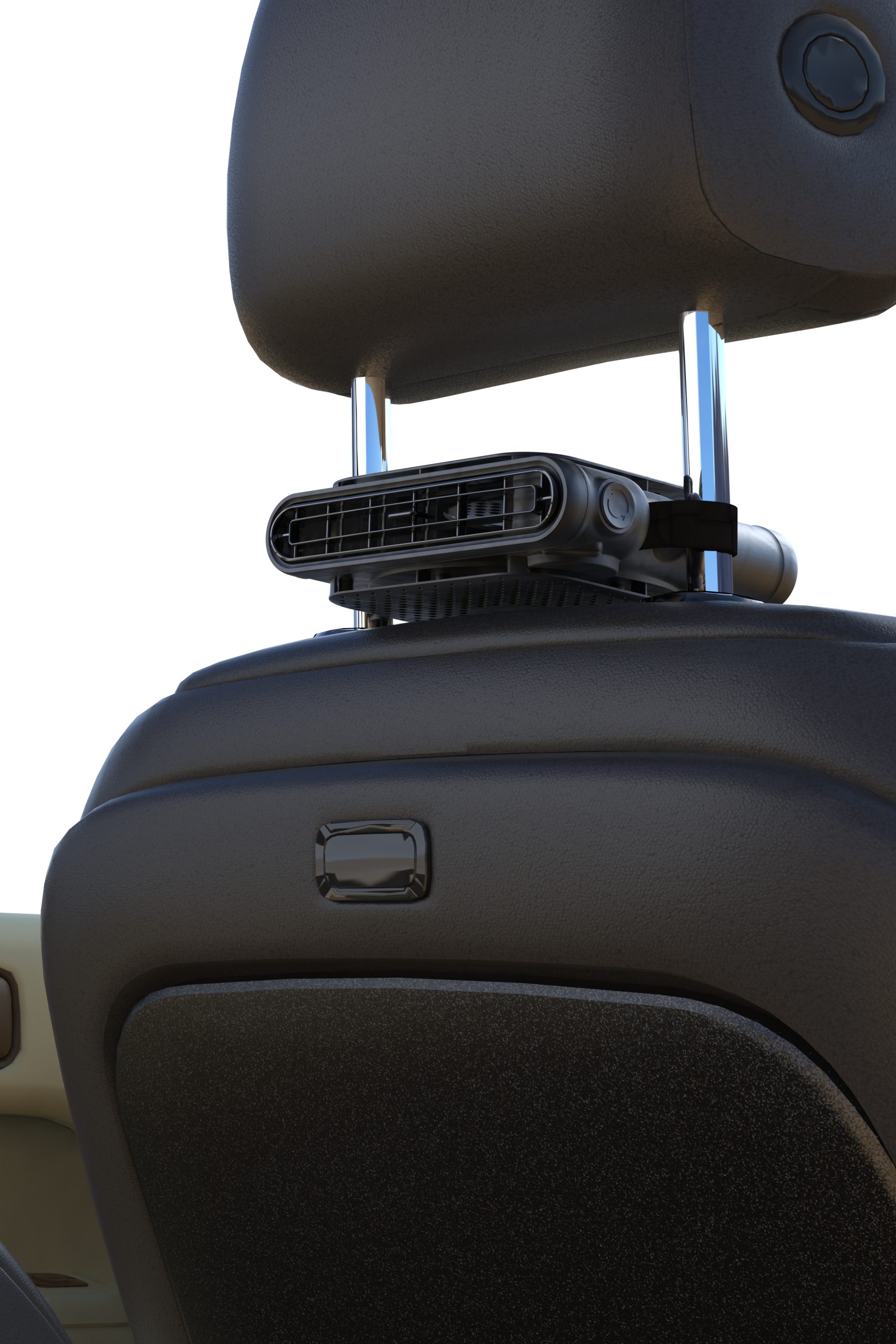 The Car Seat Fan mounted quietly on a rear headrest